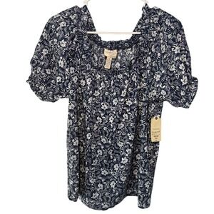 St Johns Bay Navy Floral Smocked Square Neck Puff Sleeve Blouse Top Small NEW
